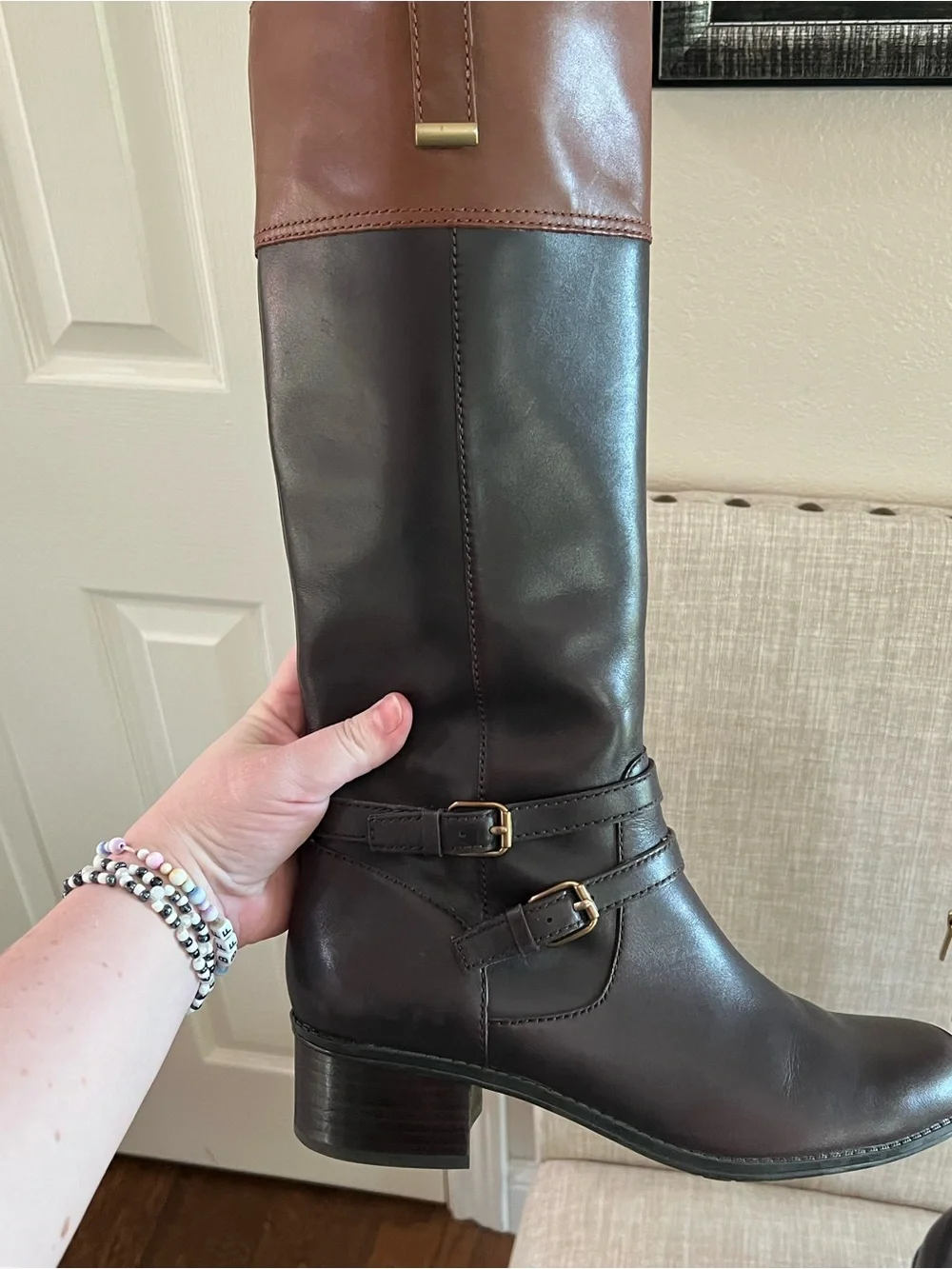 Bandolino Carlotta two-tone leather riding boots- Black and Brown